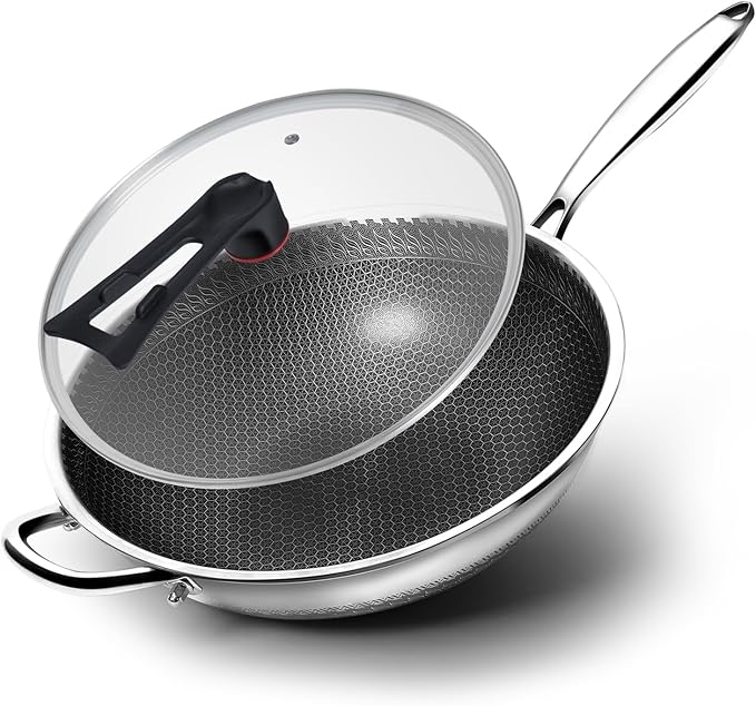 WANGYUANJI Coating-Free Hybrid Stainless Steel Wok with Lid, 12.6" Flat-Bottom Stir-Fry Pan, Honeycomb Surface, Induction Compatible, Dishwasher & Oven Safe