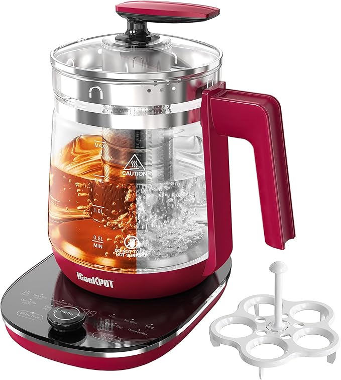 1200w Electric Kettle, 1.5L Borosilicate Glass tea kettle, Hot water kettle electric for Coffee or Tea, BPA Free, Auto Shut-Off, Stainless Steel, Fast Boil, Red