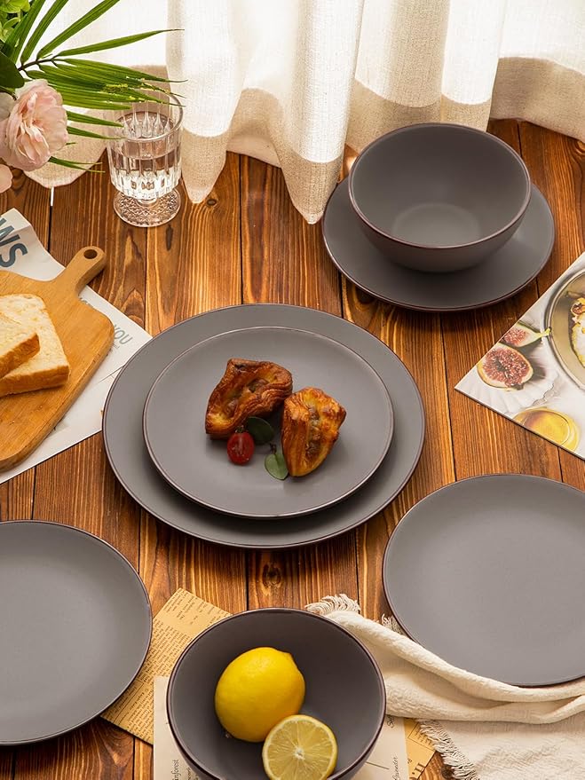 Famiware Venus Ceramic Plates and Bowls Sets, Speckled Dinnerware Dish Sets for 8 (24 Pieces) - Microwave and Dishwasher Safe, Matte Dark Grey