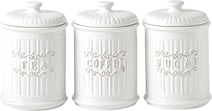 Doric Scroll Ceramic Canisters Sets For The Kitchen Canisters For Countertop Set of 3 Airtight Coffee Canisters For Ground Coffee Sugar Container Tea Storage Jars With Lids Farmhouse Decor