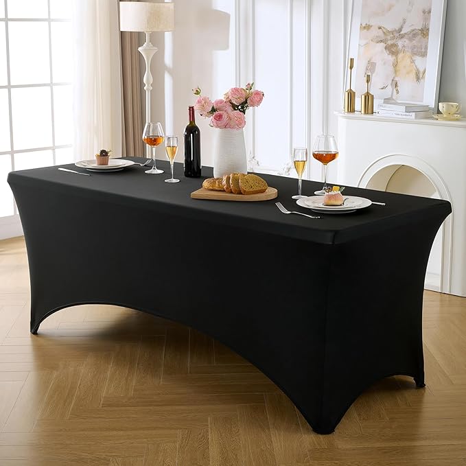 VidaFete Spandex Tablecloth 6 Pack 8FT, Fitted Stretch Table Cover for Rectangle Tables, Wrinkle Resistant and Washable Tablecloths for Outdoor, Picnic, Party, Wedding, Banquet, Birthday, Black