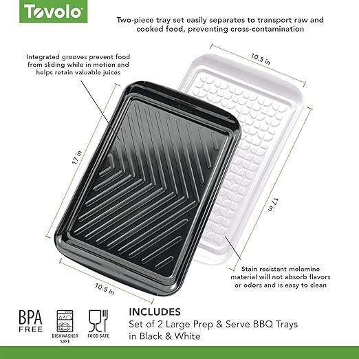 Tovolo Grilling Platters for Outdoor Grill BBQ Prep and Serve Trays Set of 2 Black White, Dishwasher Safe BPA Free Nesting Non Slip Serving Trays for Burgers Steaks Meat Veggies Toppings 17 x 10 x 2