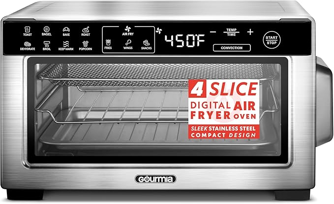 Gourmia Toaster Oven Digital Air Fryer - Convection Mode with 4 Slice Capacity, 3 Rack Positions, 12 Presets, Toast, Bagel, Bake, Roast, Broil, Dehydrate, Popcorn, Fits 9" Pizza, Stainless Steel