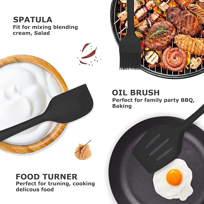 Silicone Kitchen Cooking Utensils Set Kitchen Spatula Set with Holder,5 pcs Heat Resistant Silicone Kitchen Utensils Gadgets Tools Set for Nonstick Cookware,Dishwasher Safe (Black)