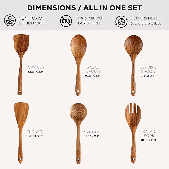 Zulay Kitchen 6-Piece Wooden Spoons for Cooking - Smooth Finish Teak Wood Utensils - Soft Comfort-Grip Cooking Wood Spoons Non-Stick Teak Easy to Clean Utensils Heat Resistant Non-Scratch Spoon Sets