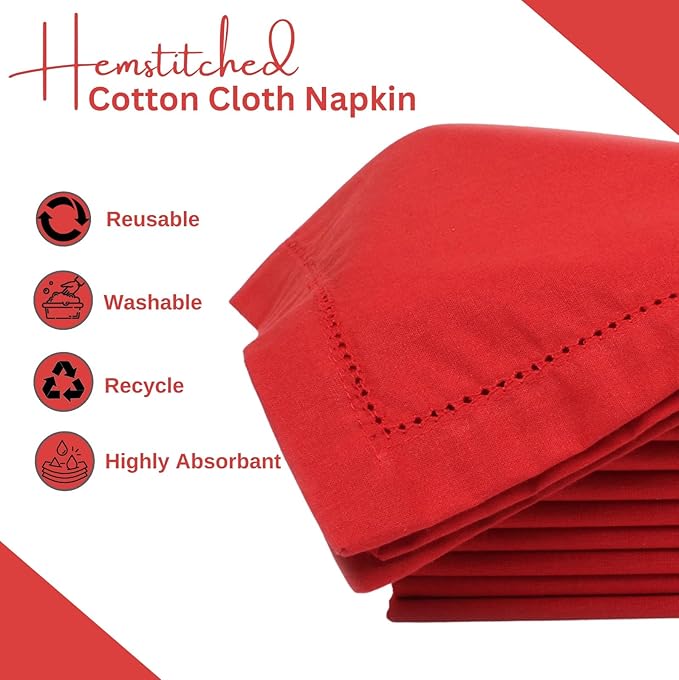 Lightnpro Hemstitched Cotton Napkins Set of 12 - Dinner Napkins, Washable Fabric Table Linens, Holiday, Christmas & Special Occasion Napkins, Elegant Cloth Napkins for Dining - 18x18 Inch Red