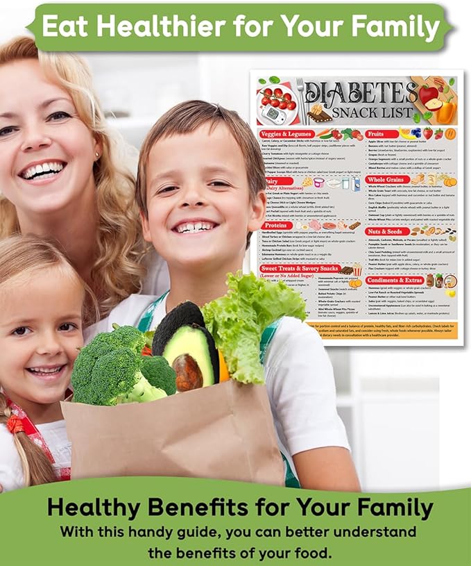 Magnetic 8.5x11 Diabetes Snack List Fridge Magnet – Healthy Low-Sugar Diet Planner, Low-Carb Nutritional Guide & Visual Aid for Meal Planning, Balanced Diabetics Chart, Waterproof & Humidity Resistant