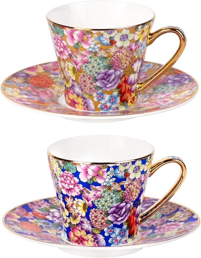 KAMMAK Tea Cups and Saucers Set of 2, Porcelain Coffee Cup with Saucer for Espresso, Cappuccino, 7.5oz Vintage Yellow Floral Ceramic Novelty Mug for Home, Tea Party, Office