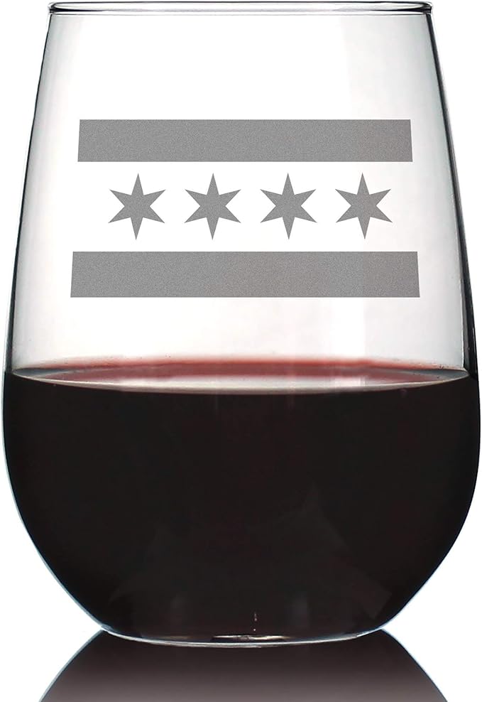 Bevvee Chicago Flag – Stemless Wine Glasses - Chitown Gifts - Large 17 Ounce