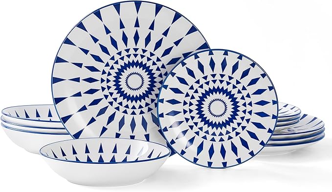 Bestone 12-Piece Round Porcelain Dinnerware Set, Service for 4, Chip Resistant Plates and Bowls,Blue, Dishwasher & Microwave Safe for Home Daily Use