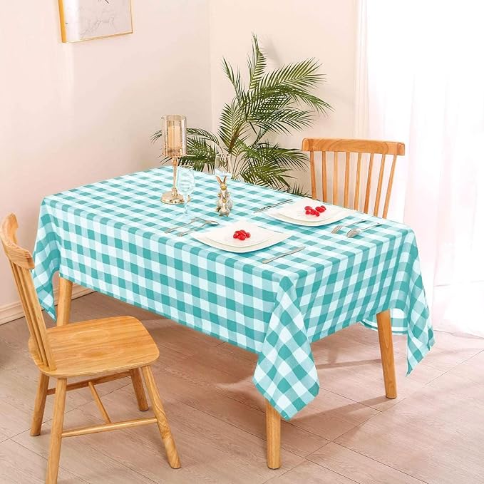 Hiasan 54 x 108 Inch Checkered Tablecloth Rectangle - Waterproof, Wrinkle Resistant and Washable Gingham Table Cloth for Outdoor Picnic, Kitchen and Holiday Dinner, Aqua and White