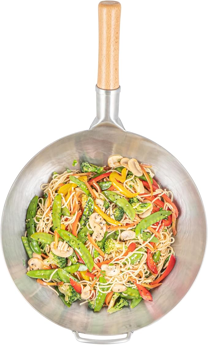 Restaurantware-Motomori 13.38 Inch Hand-Hammered Carbon Steel Wok, 10 Traditional Japanese Wok - Flat Bottom, Wooden Handle, Black Carbon Steel Traditional Stir Fry Pan, With Helper Handle