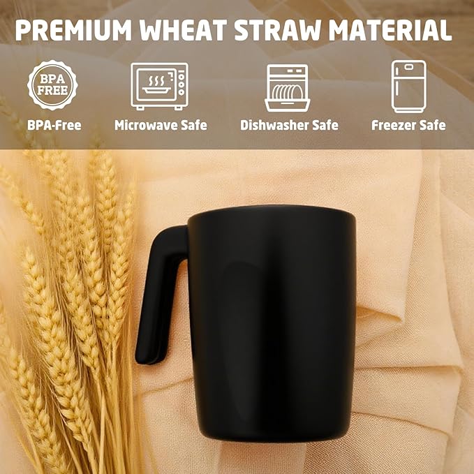 Wheat Straw Coffee Cups 16 OZ, Plastic Coffee Mugs with Handles, Lightweigt &Unbreakable Coffee Mugs Set of 6, Microwave & Dishwasher Safe Drinking Cups for Tea, Camping, Kitchen - Black