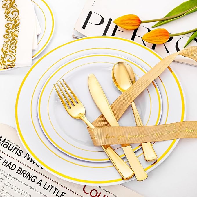 I00000 60 Pieces Gold Plastic Plates, Heavy Duty White and Gold Plastic Plates for 30 Guests Include: 30 Gold Rim Dinner Plates and 30 Gold Dessert Plates Perfect for Wedding & Party