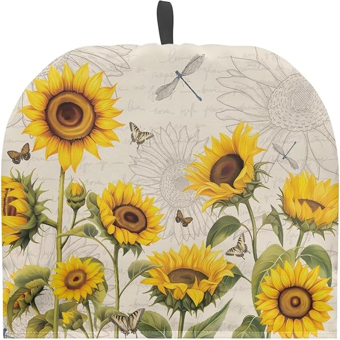 Tea Cozy for Teapots with Handle, Sunflower Butterfly & Dragonfly Print Dust Insulated Cover, Hanging Fold-Up Design, Suitable for Kitchen and Living Room Table Decoration