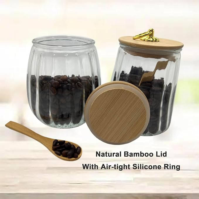 Glass Airtight Storage Jars with Spoons,Bamboo Lid Canister for Foods,Decorative Container with Metal Handle Easy to Grasp 2Pack Conical