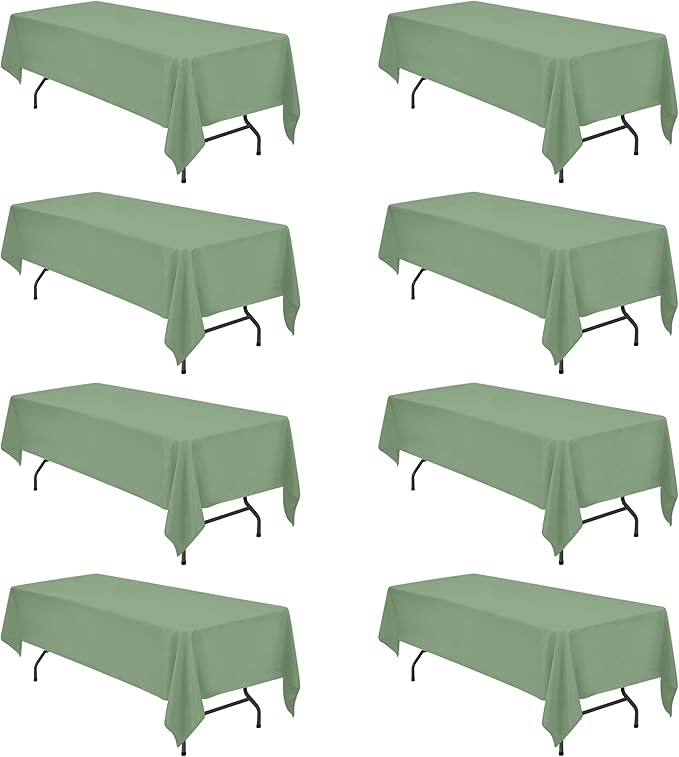 BRILLMAX 8 Pack Sage Green Tablecloths 60 x 126 Inch for 8ft Rectangle Tables - 150 GSM Polyester Fabric, 15" Standard Drop, Water, Stain & Wrinkle Resistant Cloth Cover for Wedding Dining Buffet