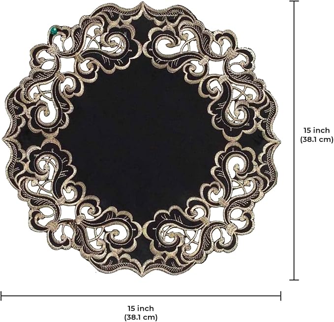 Decozen Set of 4 Doilies for Table, Lace Doilies - Rustic, Crochet, Farmhouse, Kitchen, Dining Table Centerpiece Decor - Round Christmas Placemats for Home - 15 inch Gold Black, Granada Collection
