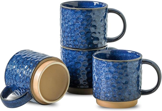 Nihow 16OZ Stackable Coffee Mug Set, Large Ceramic Coffee Mug Set of 4,Coffee Cup Set for Cappuccino/Latte/Cocoa,Dishwasher & Microwave Safe,Vivid Blue
