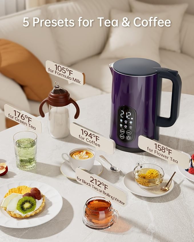 Electric Kettle with Temperature Control, 1.7L Stainless Steel Hot Water Kettle, 5 Presets for Tea & Coffee, 2H Keep Warm, Fast Boil, Auto Shut-Off & Boil-Dry Protection, Cordless Tea Kettle,Purple