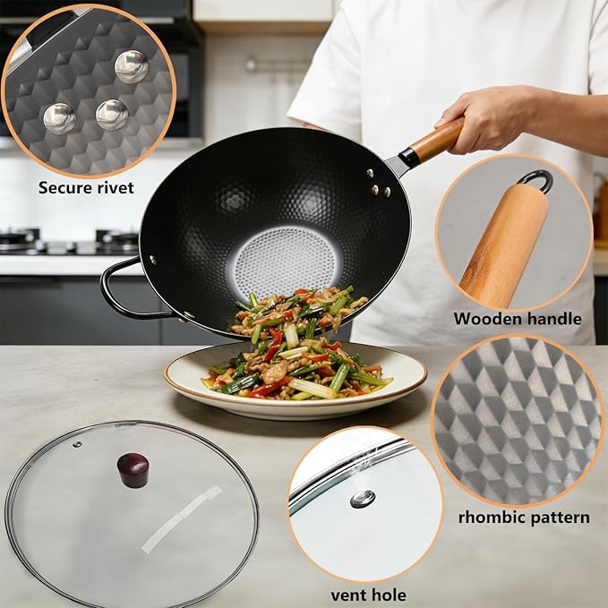 Nonstick Wok,Carbon Steel Wok 12.8-Inch Pan with Glass Lid for Frying,Electric,Induction,Gas Stoves Cooking