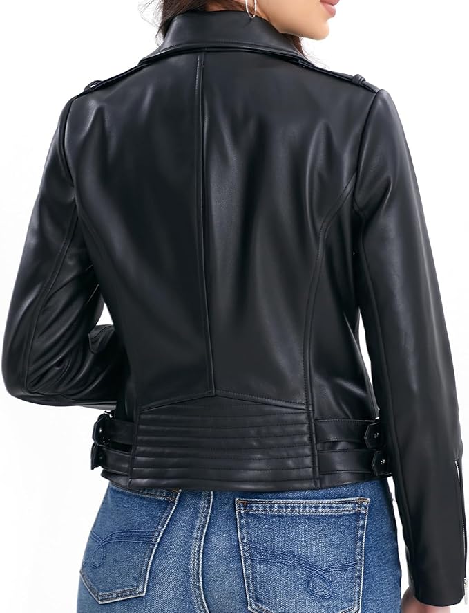 SILVER FASHIONS Lambskin Leather Jacket Women,Motorcycle Jacket,Asymmetrical Zip Style,Buckle Belts,Quilted Details