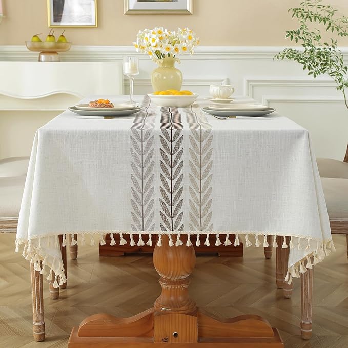 Pahajim Linen Tablecloth Rustic Rectangle Table Cloth Cotton Striped Tassels Tablecloths for Kitchen Dining Table Cover Rectangle/Oblong,55''x87'', 6-8 Seats