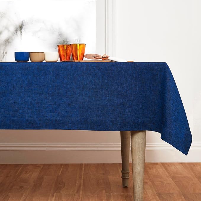 Solino Home Linen Tablecloth 60 x 90 Inch - 100% Pure Linen Royal Blue Table Cloth for Rectangular Tables - Athena, Machine Washable Cloth Tablecloth