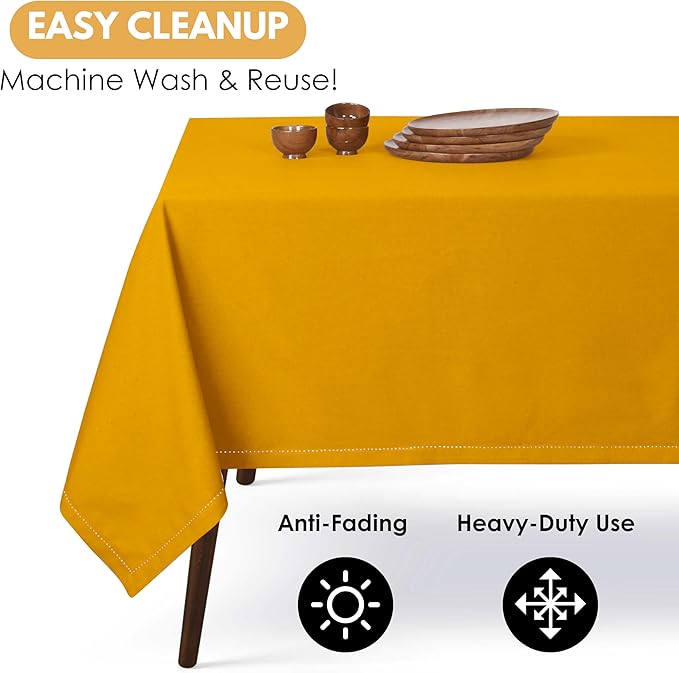 Farmhouse 52"x70" Tablecloth 100% Cotton Washable Rustic Rectangle Table Cover for Gifts, Dining, BBQ, Buffet Parties & Camping - Mustard Yellow