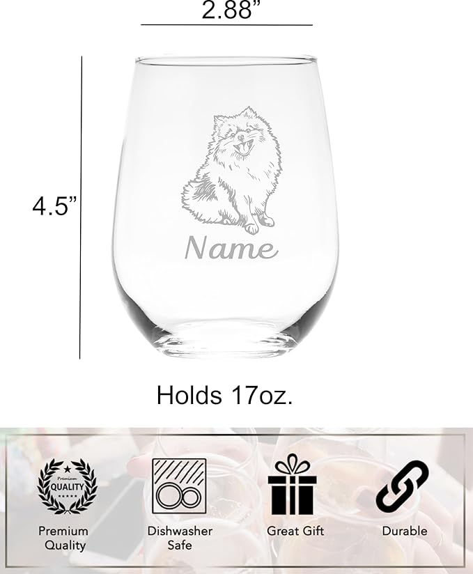 C M Pomeranian Dog 17 oz. Custom Stemless Wine Glass with Name - Personalized Dog Themed Gift for Women and Men