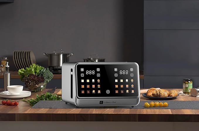 MAGNAVOX HOME, Culinary Chef 4 Slice Smart Toaster, Touchscreen, Wide Slots- Bread, English Muffins, Croissants, and Bagels, 5 Adjustable Toast Settings, Cancel/Defrost, 6 Bread Types & Shade Settings