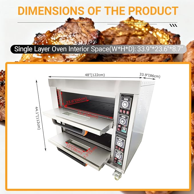 13.2KW Commercial Double Deck Oven Movable Stainless Steel Pizza Oven 20℃-400℃(68℉-752℉) Independent Temperature Control with 4 Baking Sheets For Commercial Baking 220V/3PH