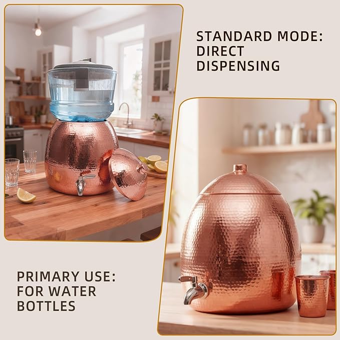 2.5 Gallon Hand-Hammered100% Pure Copper Water Dispenser - AyurvedicUncoated Artisan Crafted, Mirror Polished for Home & Office Use