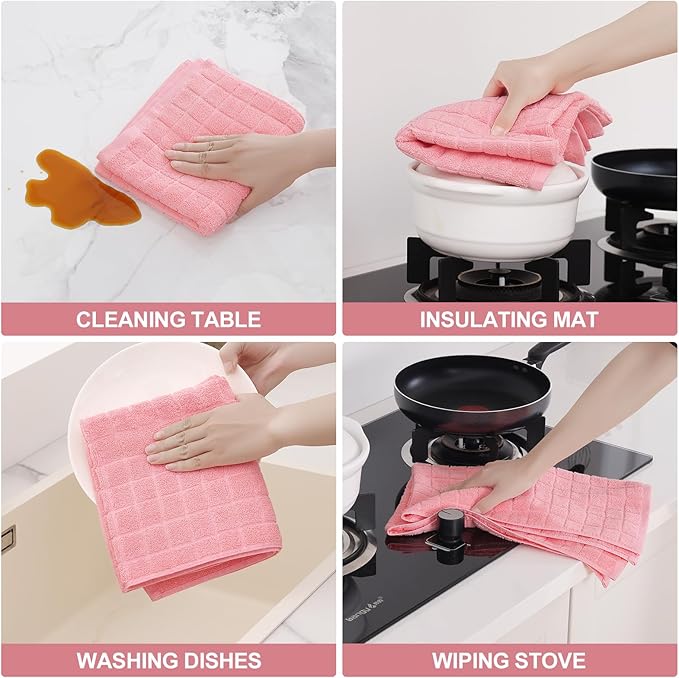 Homaxy Premium Cotton Kitchen Towels 16"x 28", Large Natural Ring Spun 390 GSM Dish Towels, Super Absorbent Terry Kitchen Hand Towels, Soft Tea Towels with Hanging Loop, Pure Pink Design, 6 Pack