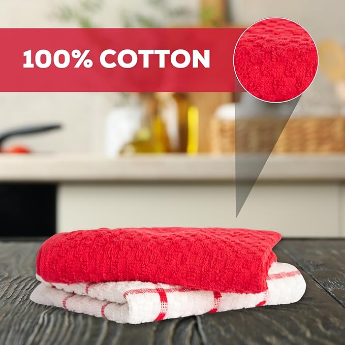GOLD TEXTILES Kitchen Towels 144 Pack Premium 100% Cotton Dish Towels for Kitchen (15 x 25 Inches) Soft & Absorbent Kitchen Hand Towels for Drying Dishes, Cleaning - Reusable and Washable (Red)