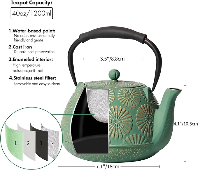 Cast Iron Teapot, 40oz Tea Kettle with Infuser for Stove Top, Sakura Design Japanese Tea Pot for Loose Leaf Coated with Enameled Interior, Silicone Handle 1200ml Green