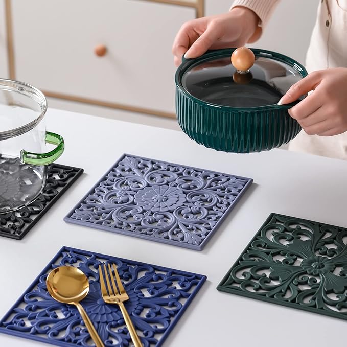Silicone Trivets for Hot Pots and Pans, Square Hot Pads for Kitchen, Flexible Silicone Pot Holders for Table, Non-Slip Heat Resistant Trivets for Dishes, Silicon Trivet Mat Set 3 Teal