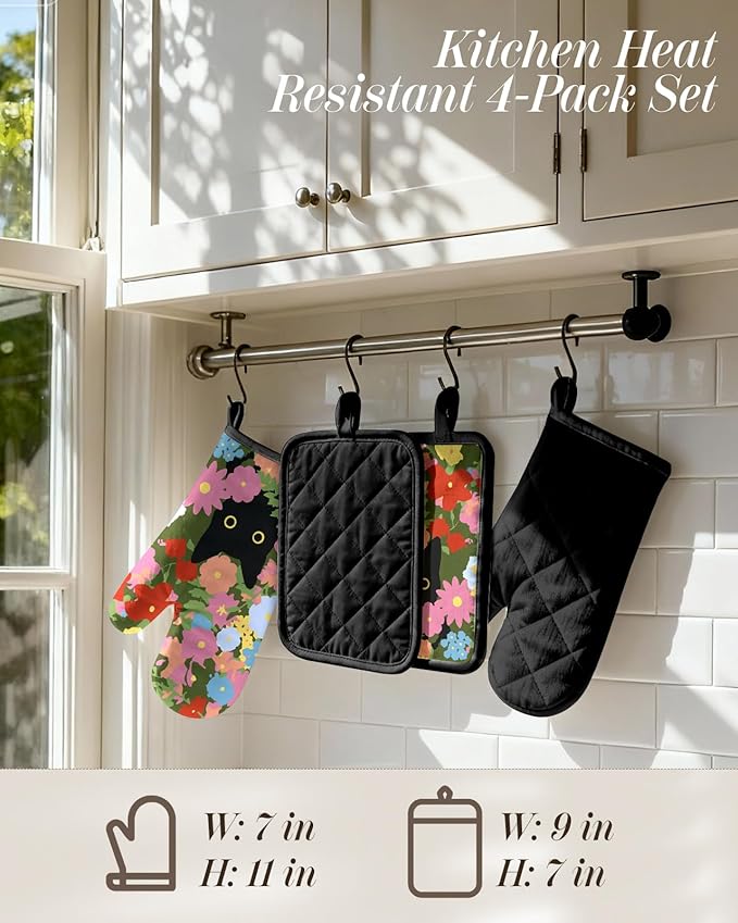 Cotton Oven Mitts and Pot Holders Sets - Quilted Lining Heat Resistant 4 Pieces Set with Hanging Loop Cute Farmhouse Boho Spring Kitchen Decor and Accessories, Cat Flower