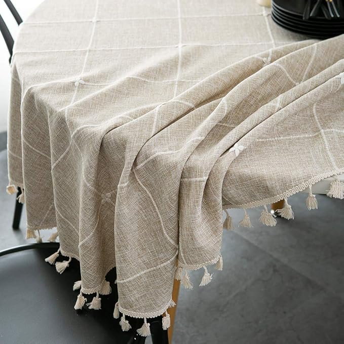 ColorBird Solid Embroidery Lattice Tablecloth Cotton Linen Dust-Proof Table Cover for Kitchen Dinning 70 Inch Round Table Cloth Linen