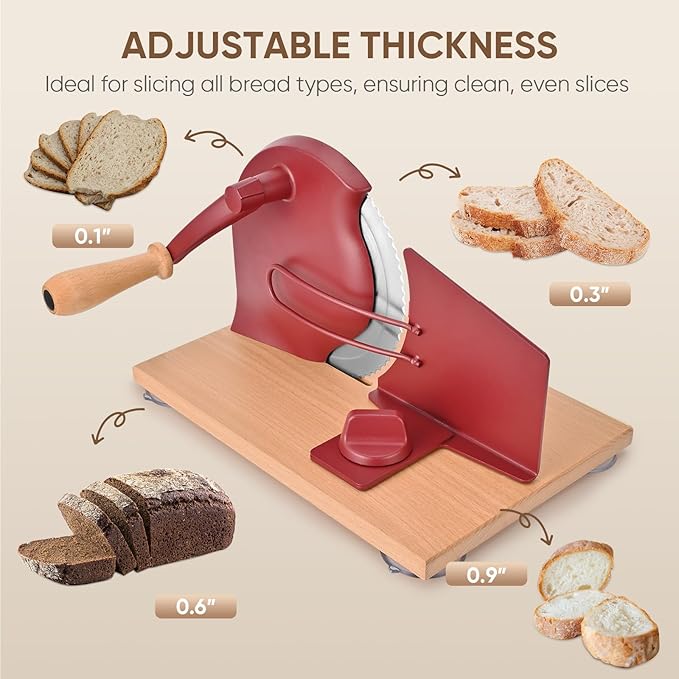 Manual Bread Slicer with Hand Crank, Classic Home Bread Slicer for Homemade Sourdough, Rotary Slicer with Adjustable Thickness, Premium Stainless Steel & Powerful Suction Cups (Red)