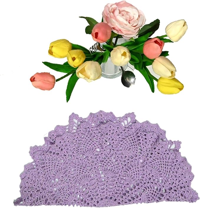 BIBITIME Lace Tablecloth Doily 18 in to 20 in Handmade Crochet Placemat Women Vase Mat Kitchen Table Runner (1PC, Light Purple)