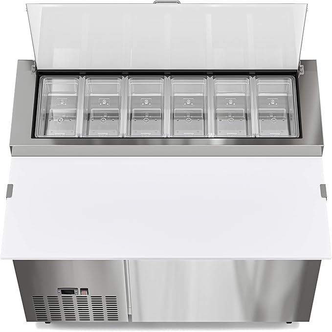 KoolMore 50 Inch Commercial Pizza Prep Table with Built-in Refrigerator, Cutting Board, Food Protection Lid, Cold Storage, Rolling Casters in Stainless Steel,ETL Listed (KM-RPPS-1DSS)