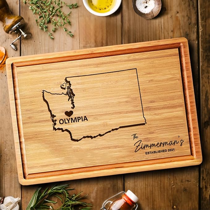 Washington Cutting Board, Personalized State Charcuterie Board, Bamboo Seattle Gifts, Wooden States Souvenirs, Distance Family Gifts