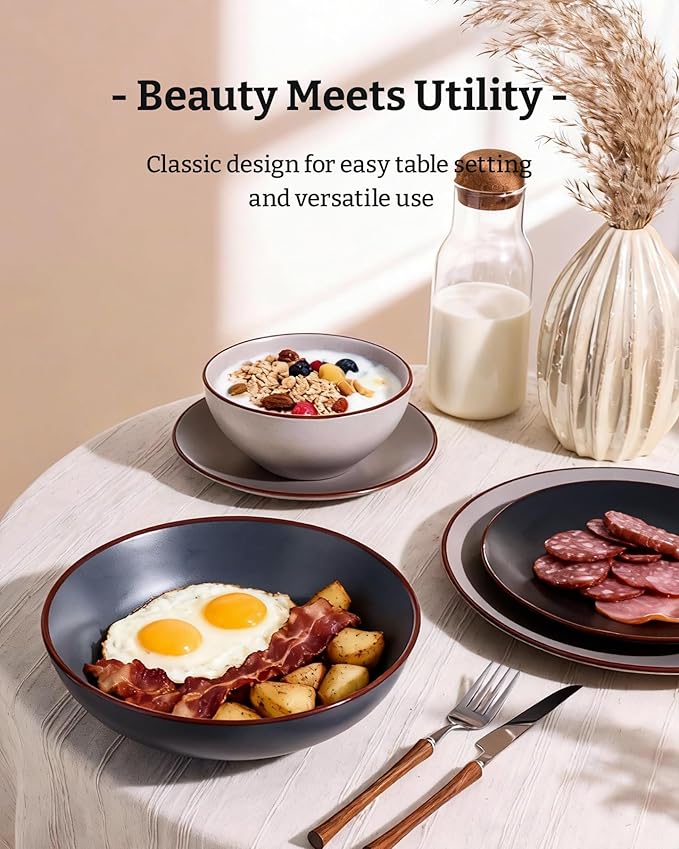 Famiware Venus Speckled Dinnerware Set with Pasta Bowls, Service for 4 (16 Pieces), Stoneware Plates and Double Bowls Sets, Microwave & Dishwasher-Safe Dishes with Trim, Matte Multi-color
