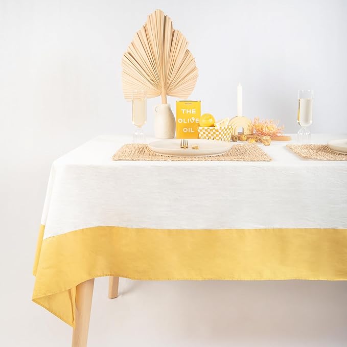 MONDAY MOOSE Farmhouse Rustic Picnic Style Decoration Rectangle Natural Stonewashed Cotton Tablecloth for Kitchen, Dining Room, Restaurant (60x102 inch, White/Mustard)