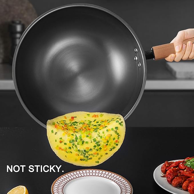 Woks & Stir-Fry Pans with Lid & Wooden Handle, No Chemical Coated Flat Bottom Chinese Wok Pan Cookware All Stoves