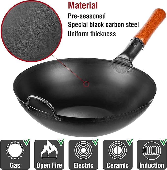 YOSUKATA Carbon Steel Wok Pan – 13,5 “ Stir Fry Pans with Flat Bottom + Premium Wok Cover 13.5 inch Pan Lid + 17’’ Spatula and Ladle
