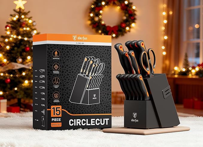 Knife Block Set -15 PCS Dishwasher Safe Kitchen Knife Set, High Carbon Stainless Steel, Razor-Sharp knives set with sharpener, Non-Slip Handles, Elegant Box for Christmas,Black