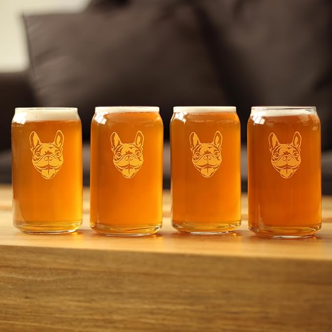 Happy Frenchie - Beer Can Pint Glass - Fun Unique French Bulldog Dog Themed Décor and Gifts for Men & Women - Set of 4-16 oz