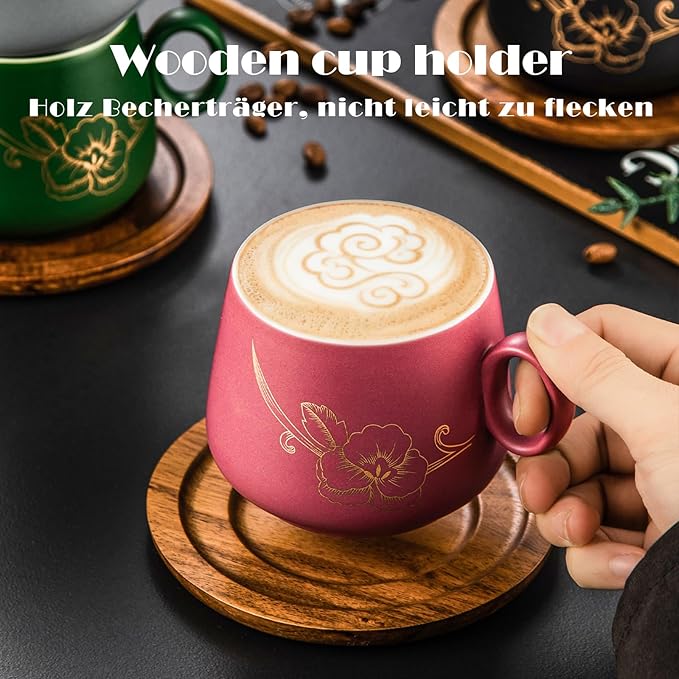Yundu 10oz Cappuccino Cups & Wooden Saucers Set with Gold Floral Art, Latte Art Cup for Espresso, Coffee & Tea, Modern Matte Ceramic Tea Cup Set of 4